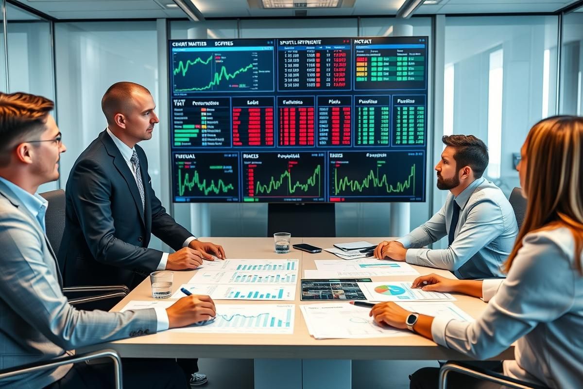Executive team discussing betting strategies in a high-tech environment with sports data visuals.
