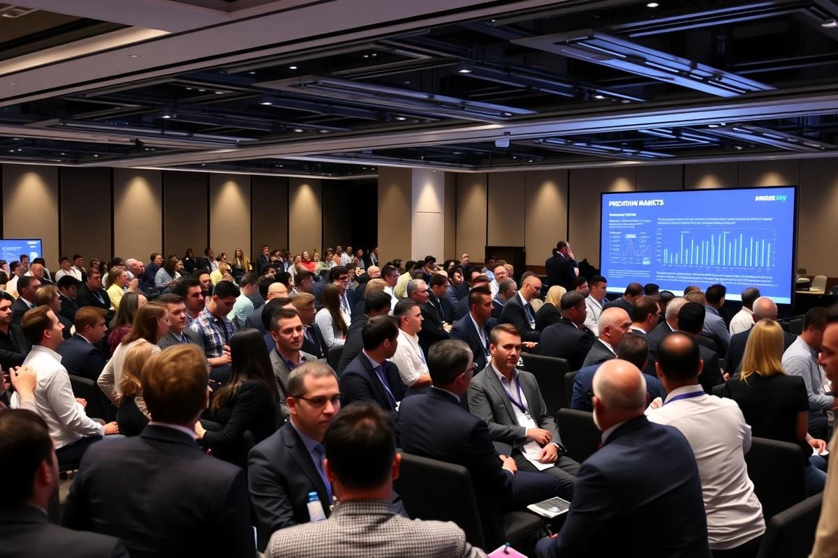 Executives at a conference discussing blockchain prediction markets with digital screens showing analytics, symbolizing transparency and innovation.
