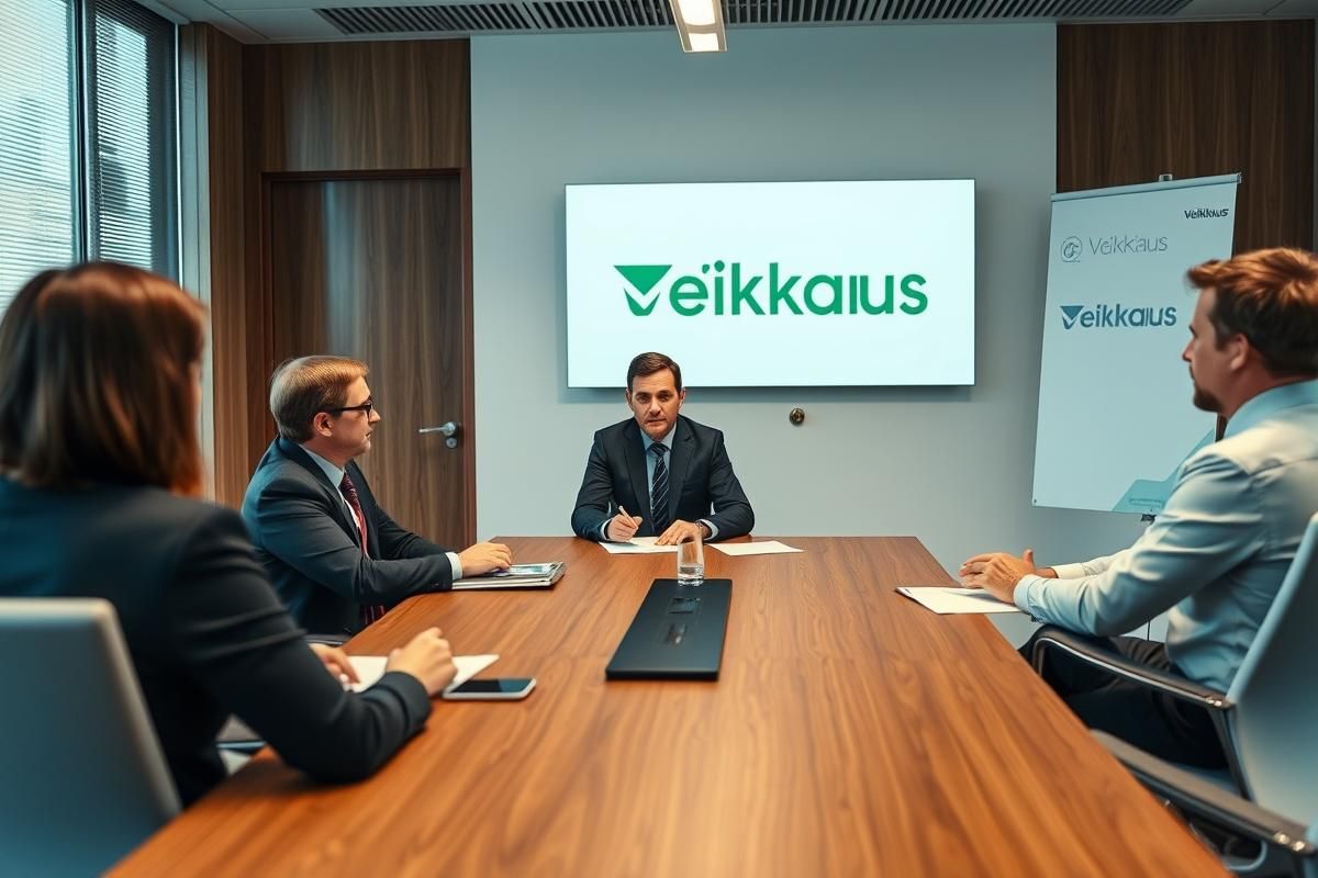 Executives in a modern Finnish office discussing gambling legislation with Veikkaus branding in view.