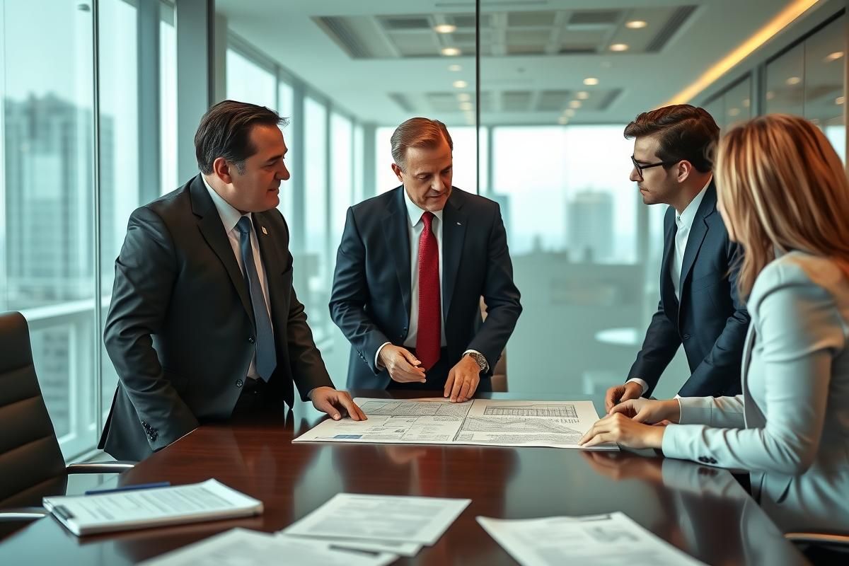 Executives in a professional meeting discussing details of the Times Square casino project.
