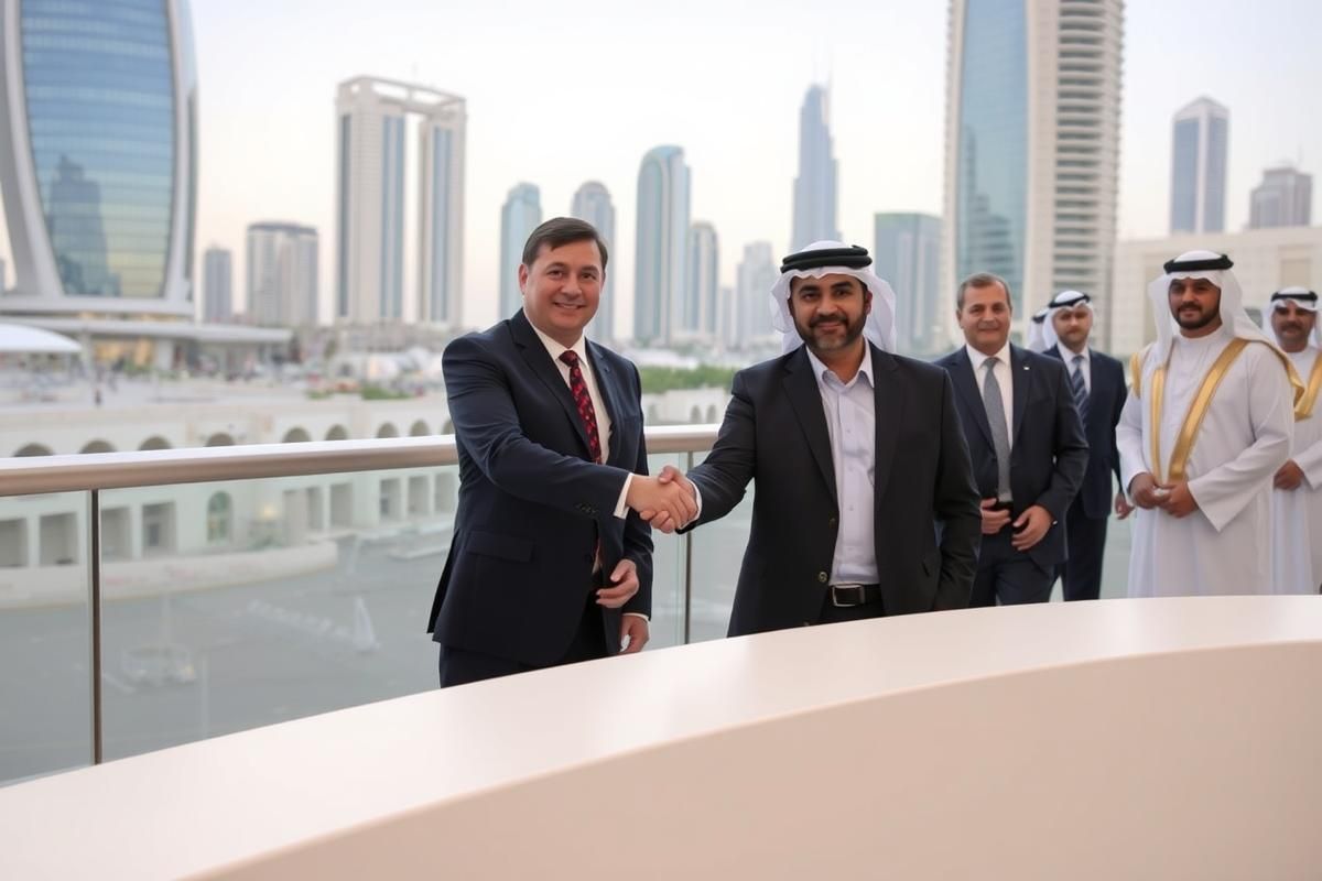 Executives of Scientific Games and Random State celebrating UAE gaming licences with cityscape in the background.