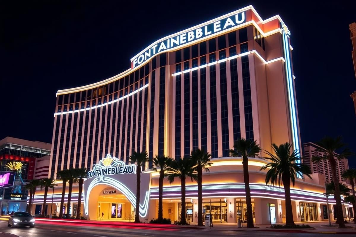 Exterior view of Fontainebleau Las Vegas at night, highlighting its modern architecture and vibrant lights on the Las Vegas Strip.