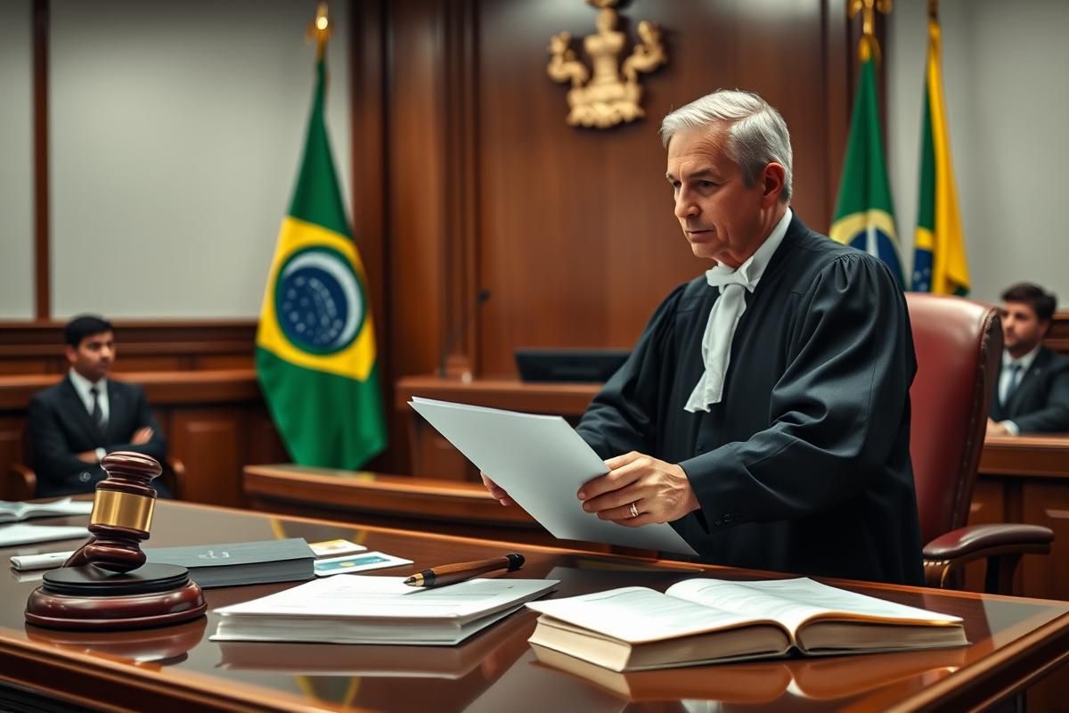 Formal courtroom scene in Brazil with judge ruling on gambling regulations, featuring Rio de Janeiro and Brazil flags.