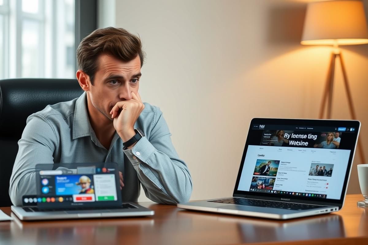 Gambler comparing sites on a laptop, with a licensed site and a black-market site displayed on the screen.