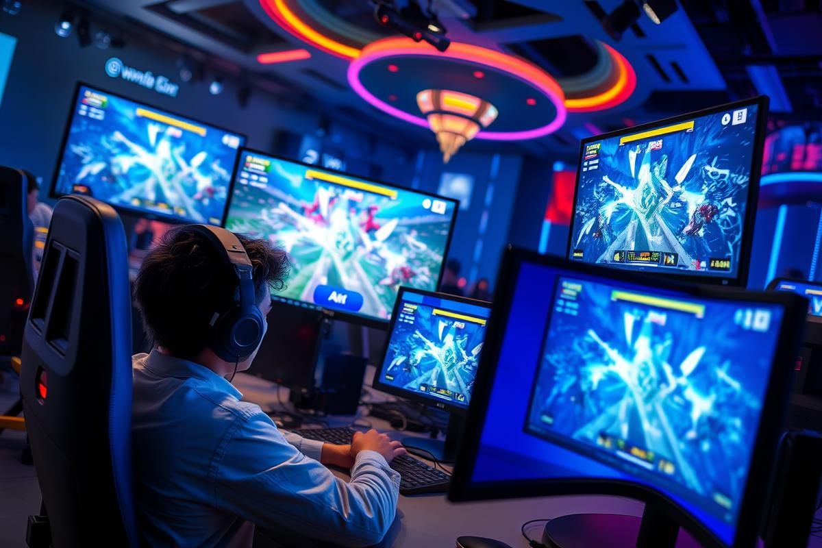 Gamer participating in an online event with multiple screens and rewards visible.