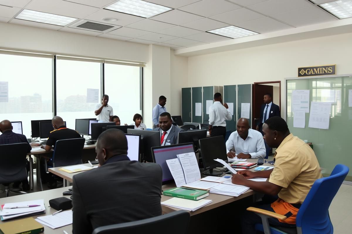 Gaming regulators in Tanzania working at a modern office to ensure licensing compliance and tackle illegal gambling.