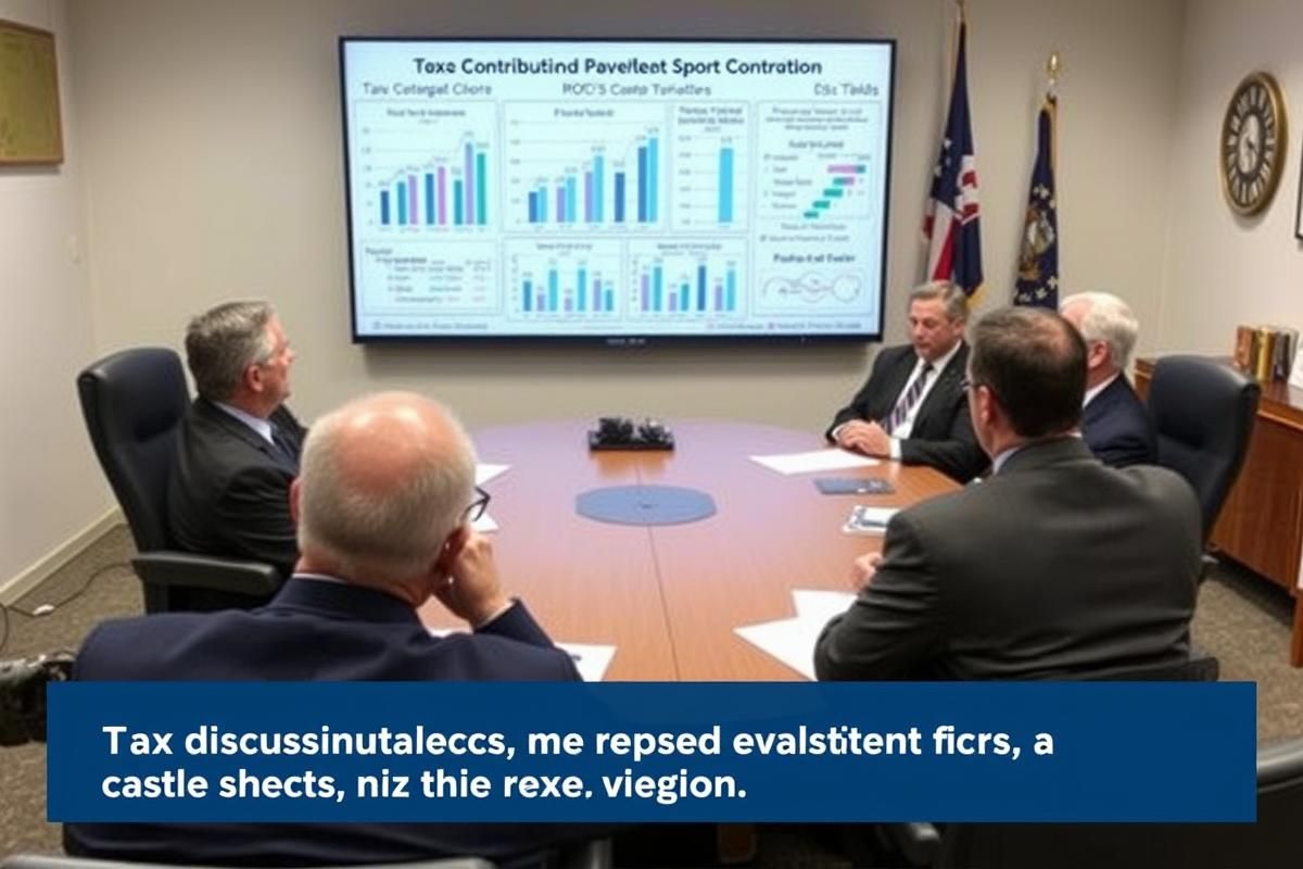 Government officials analyzing financial projections and reports on tax revenues from sports betting in a professional office setting.