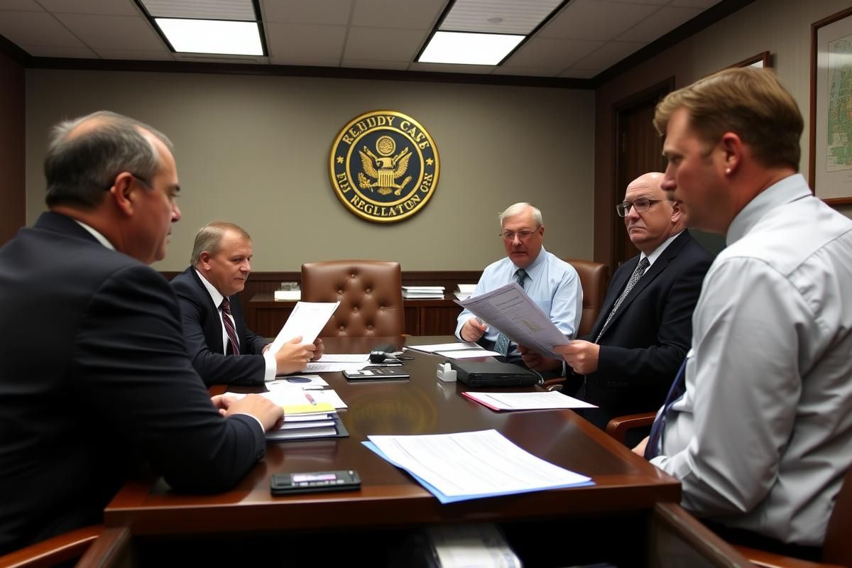 Government officials discussing gambling reforms at a regulatory meeting with visible documents and formal environment.