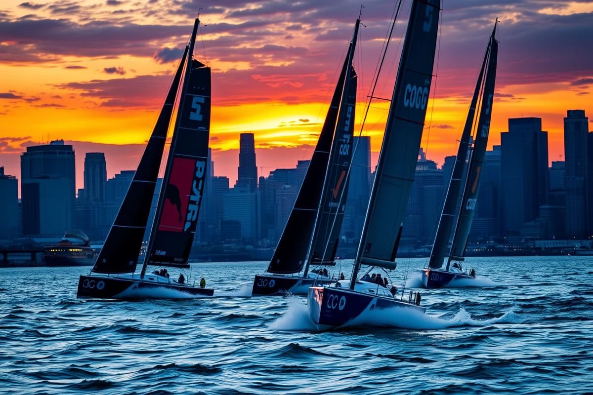High-speed SailGP boats racing in New York Harbor at sunset with iconic skyline views in the background.