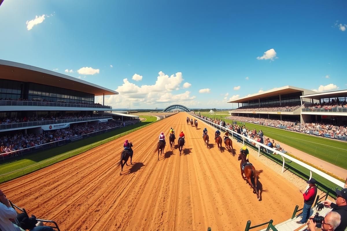 Horse racing event at a stadium with several racehorses competing and a cheering audience visible in the stands.