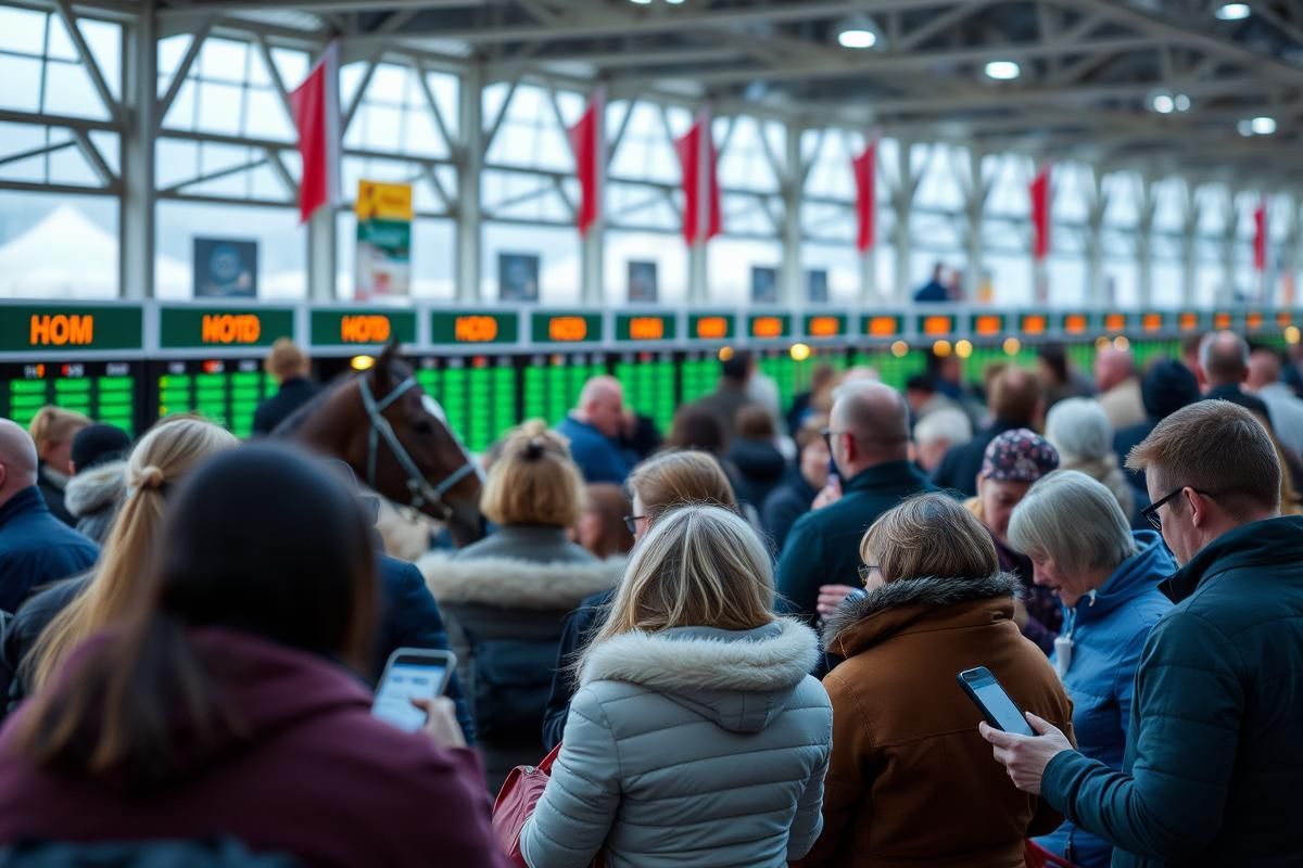 Horse racing event in Finland with betting stalls and digital platforms showcased in the background.