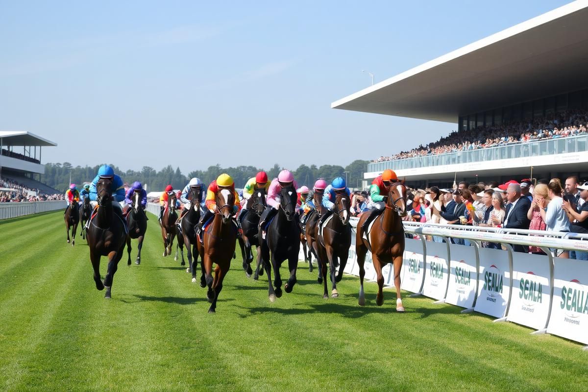 Horses racing towards the finish line at a modern racecourse with cheering spectators.