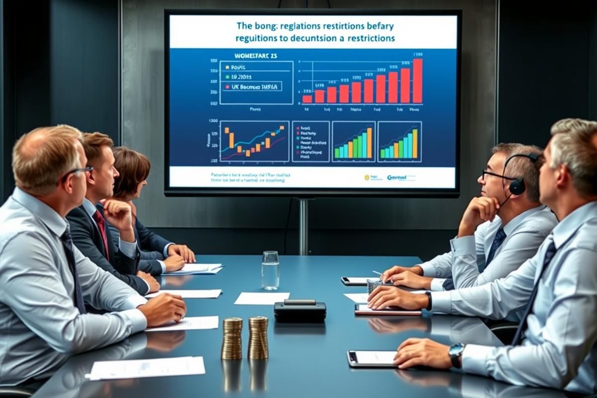 Industry executives in a meeting discussing the impact of UKGC’s 10x wagering limits with presentation slides in the background.