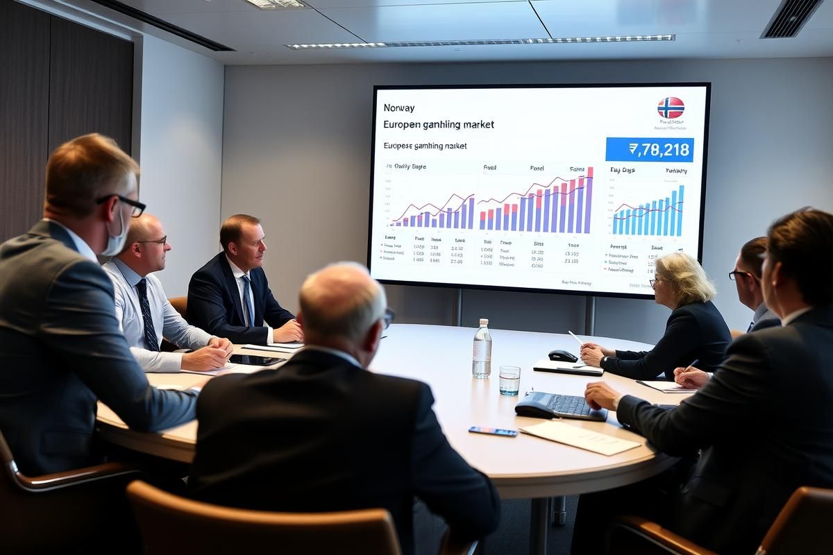 Industry experts discussing Norway's gambling monopoly reform in a modern meeting room.