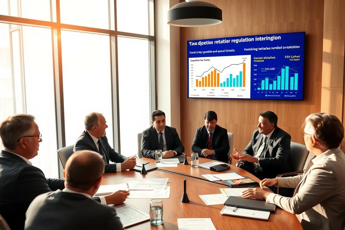Industry leaders and policymakers discussing gambling tax policies in a modern Brazilian office.