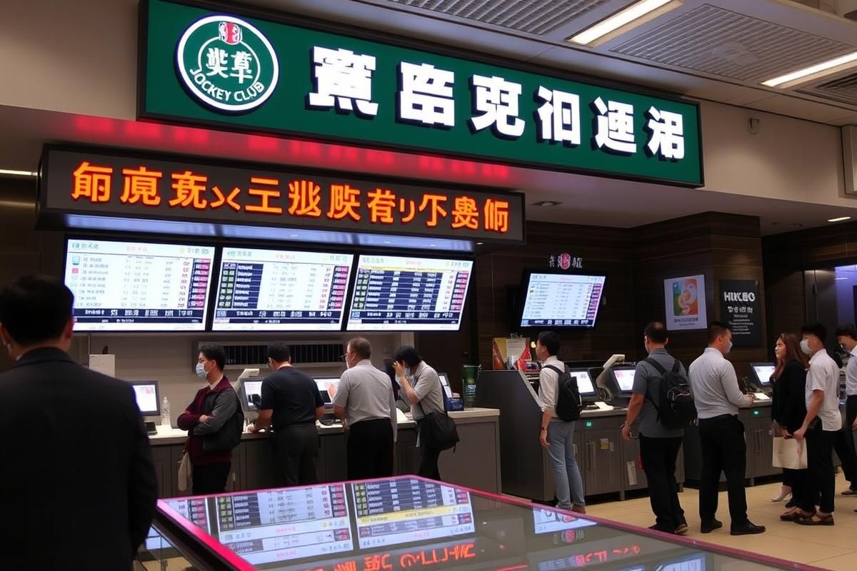 Interior of a Hong Kong betting shop with basketball betting services and people interacting at kiosks.