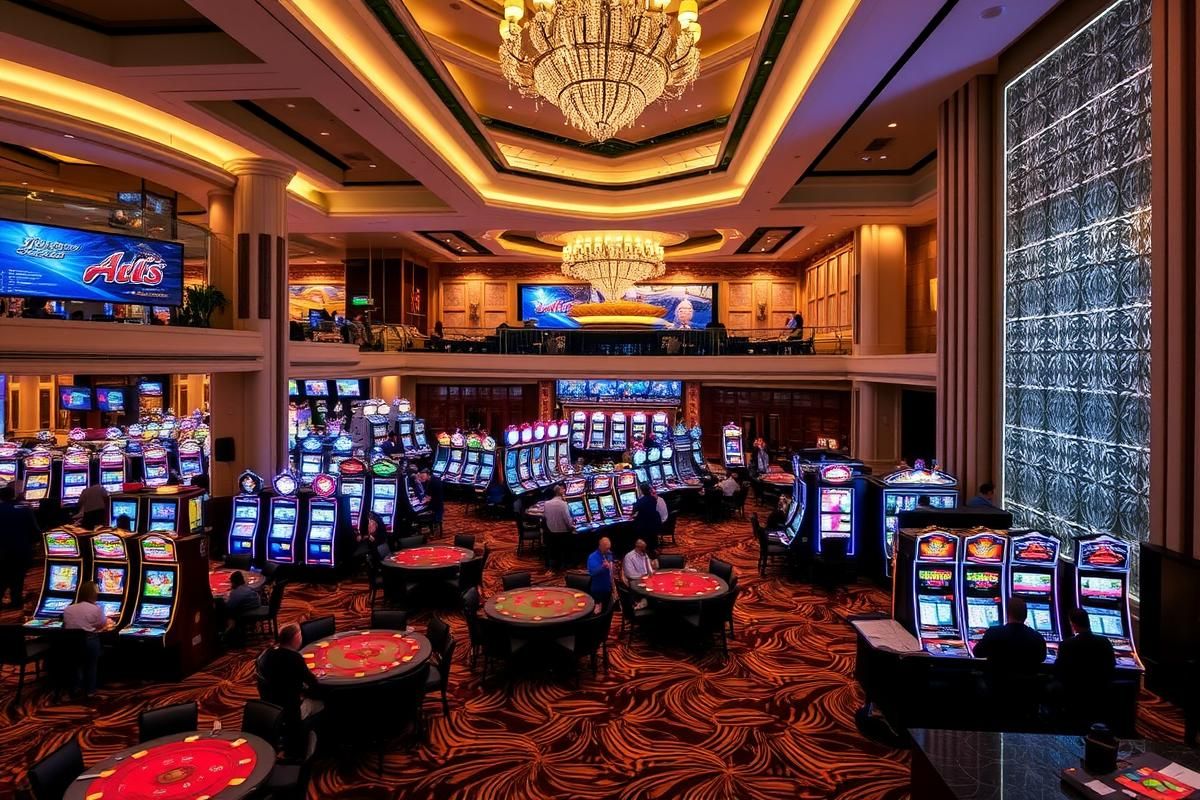 Interior of a lively casino floor showcasing slot machines and gaming tables in a luxurious setting.