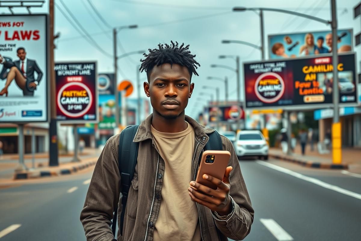 Kenyan influencer in an urban area with restricted gambling advertisements on billboards.