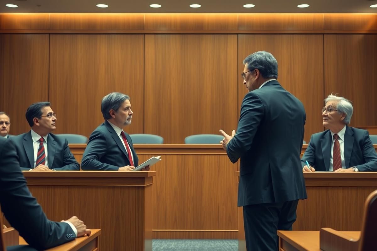 Lawyers and corporate professionals debating a market acquisition case in a courtroom setting.