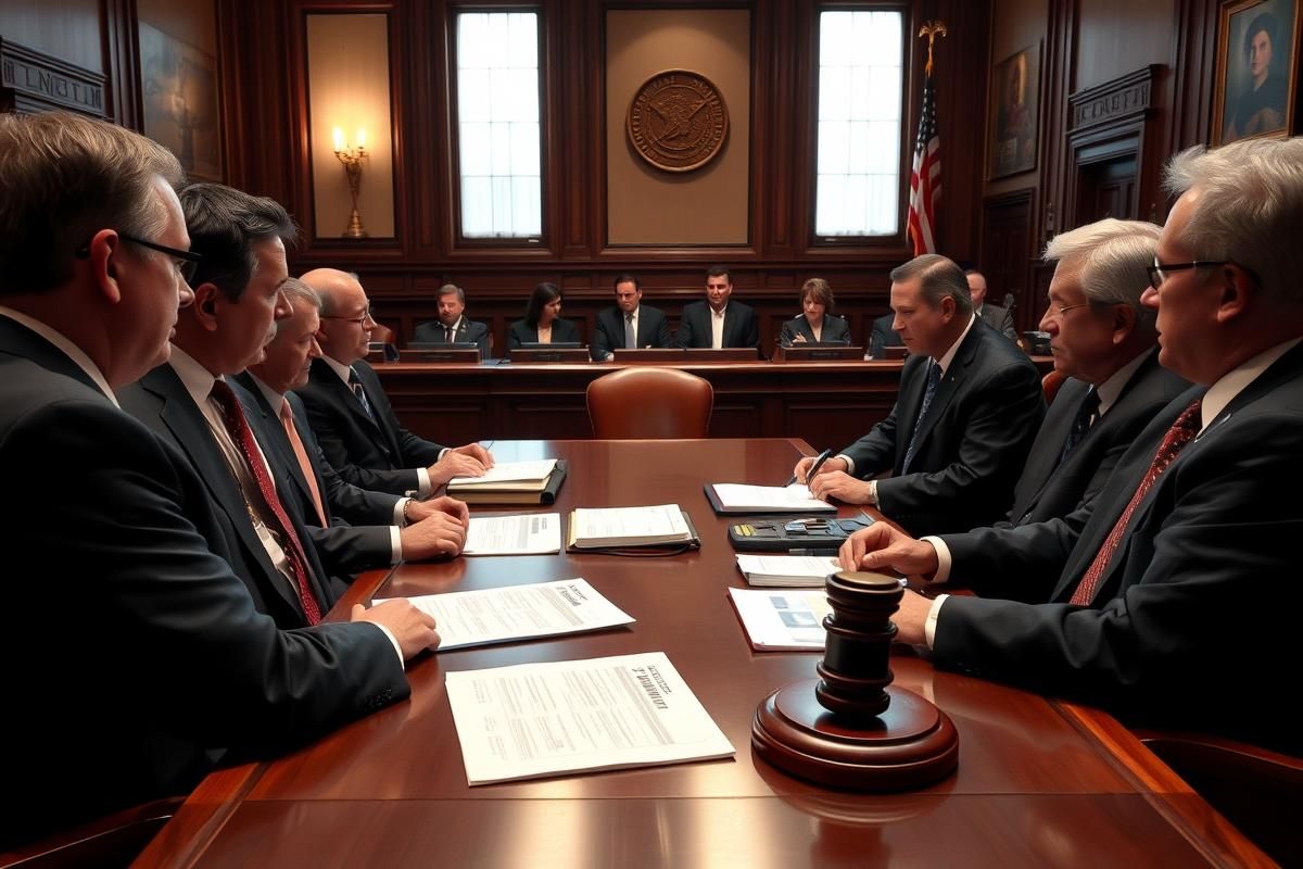 Legal representatives in a U.S. courtroom addressing compliance and penalties in the iGaming industry.