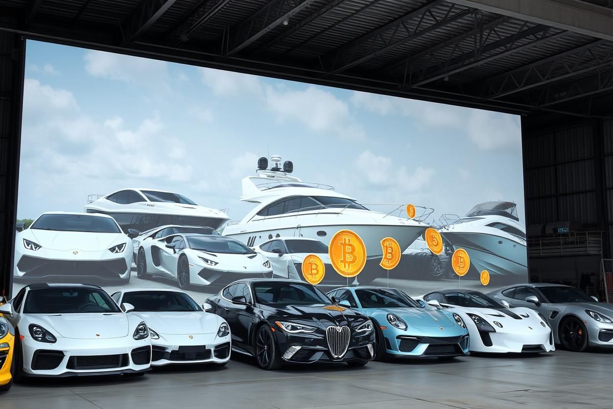 Luxury vehicles, boats, and cryptocurrency symbols seized as part of a police crackdown on illegal activities.