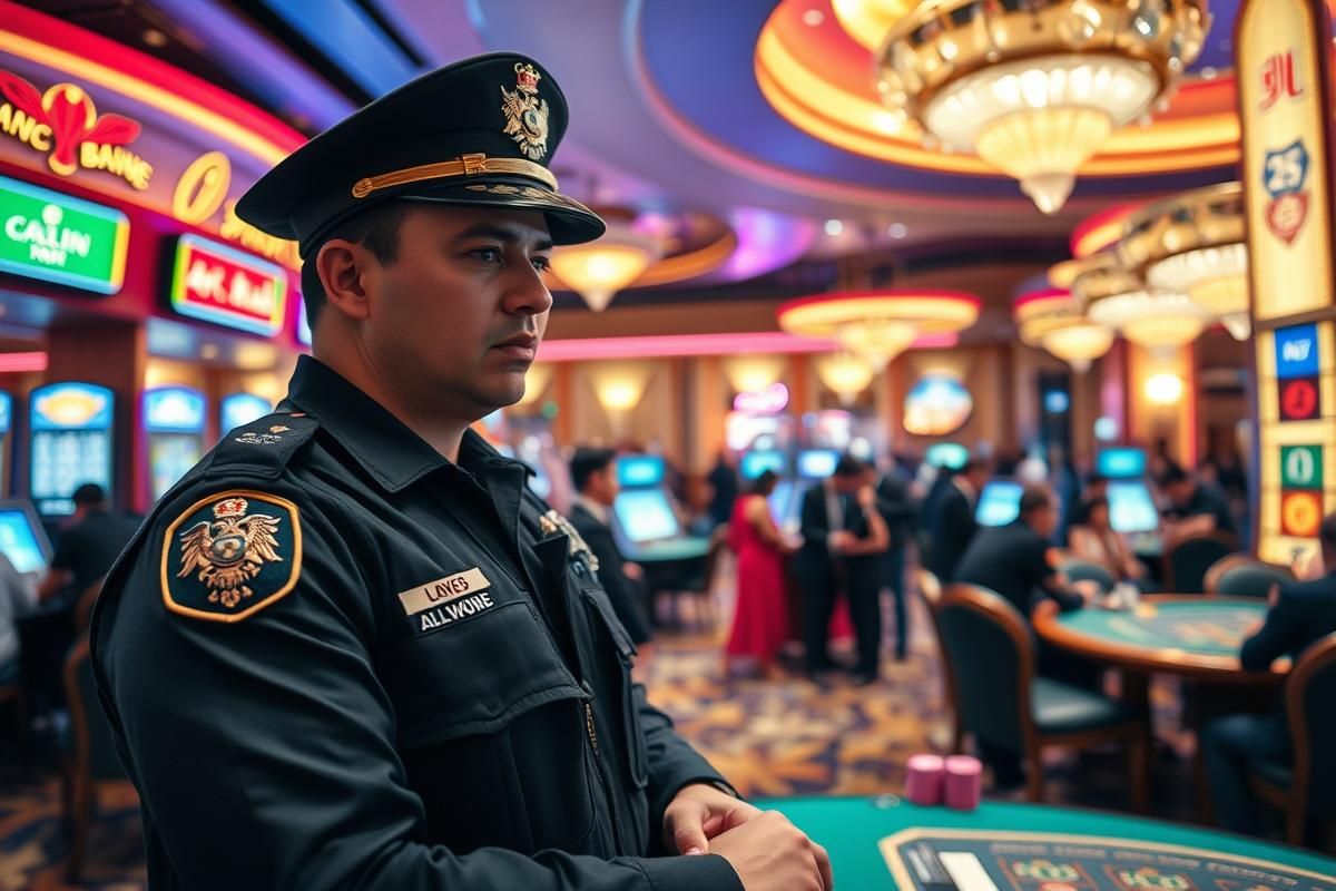 Macau law enforcement arresting a suspect in a casino with gaming tables in the background.
