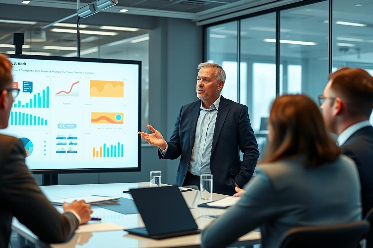 Mattias Wedar leading an executive meeting in a corporate boardroom with a presentation screen.