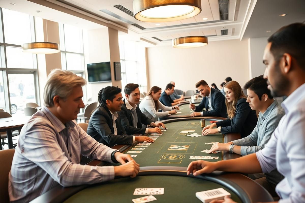 Modern California cardroom with diverse players enjoying table games.