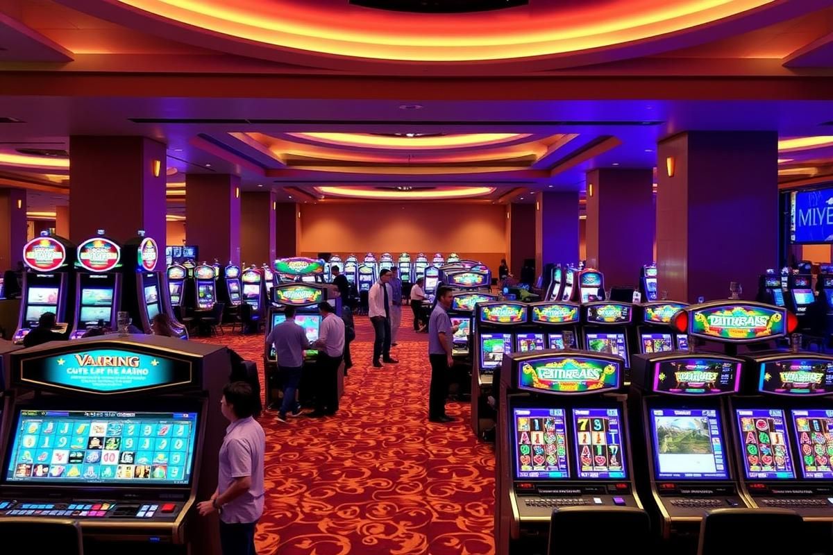 Modern Italian casino gaming floor with players and slot machines, reflecting digital and land-based gambling activities.