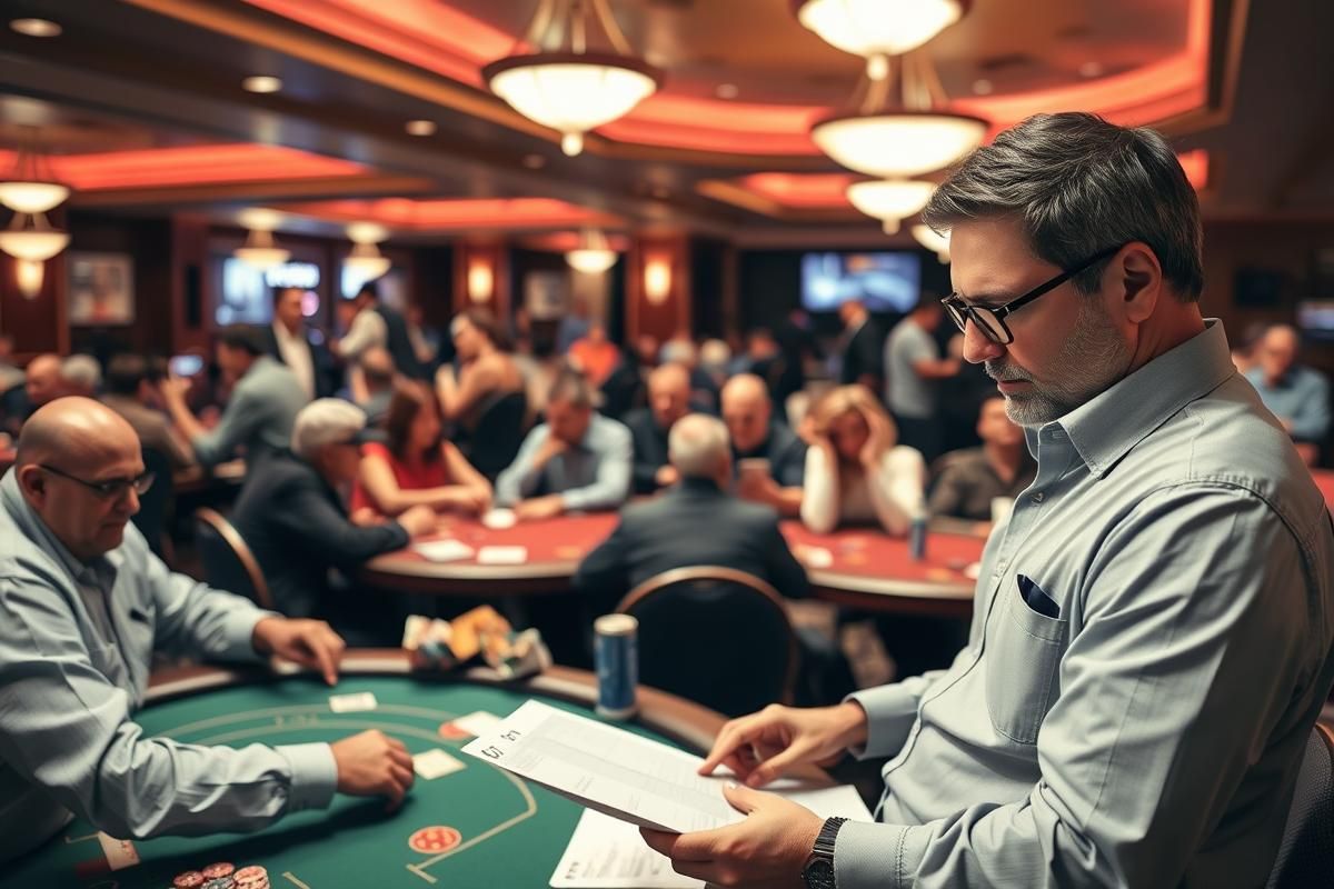Patrons playing blackjack and poker in a busy California cardroom, with an analyst reviewing financial documents in the foreground.