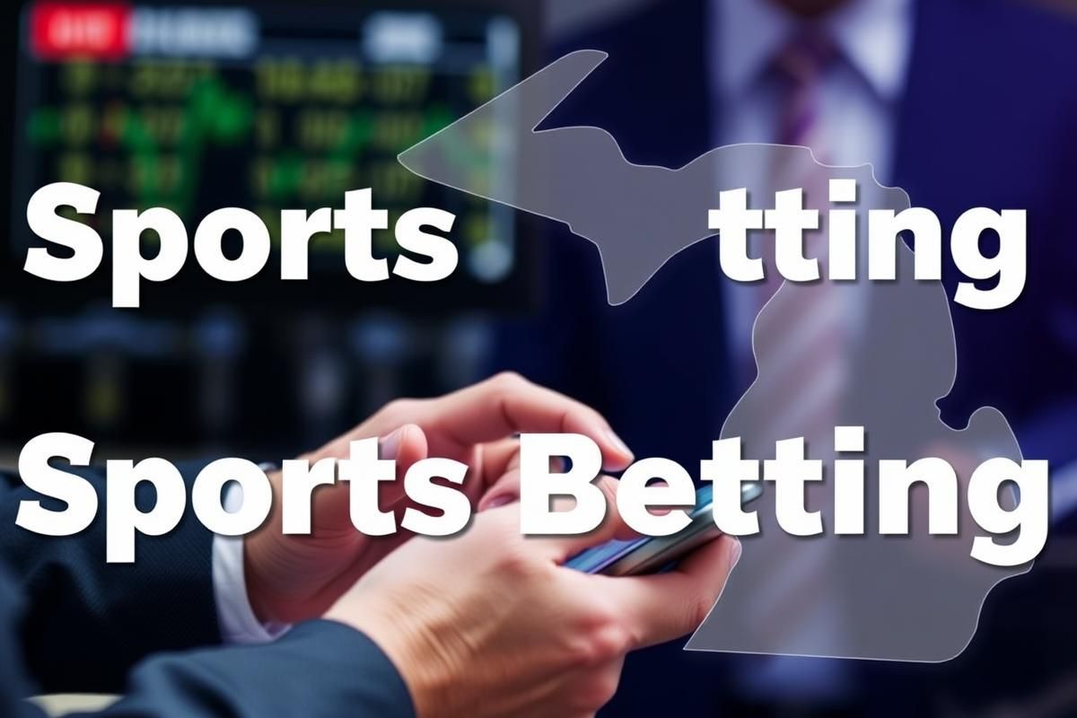 Person placing an online sports bet on a smartphone in Michigan overlay.