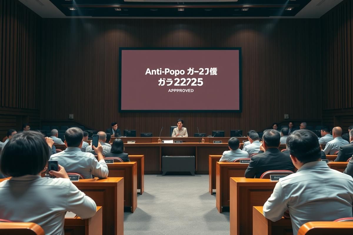 Philippine Senators approving the Anti-POGO Act of 2025 in a modern legislative chamber.