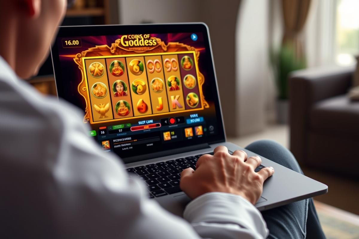 Player engaging with 'Coins Of Goddess' online slot game on a laptop in a modern setup.