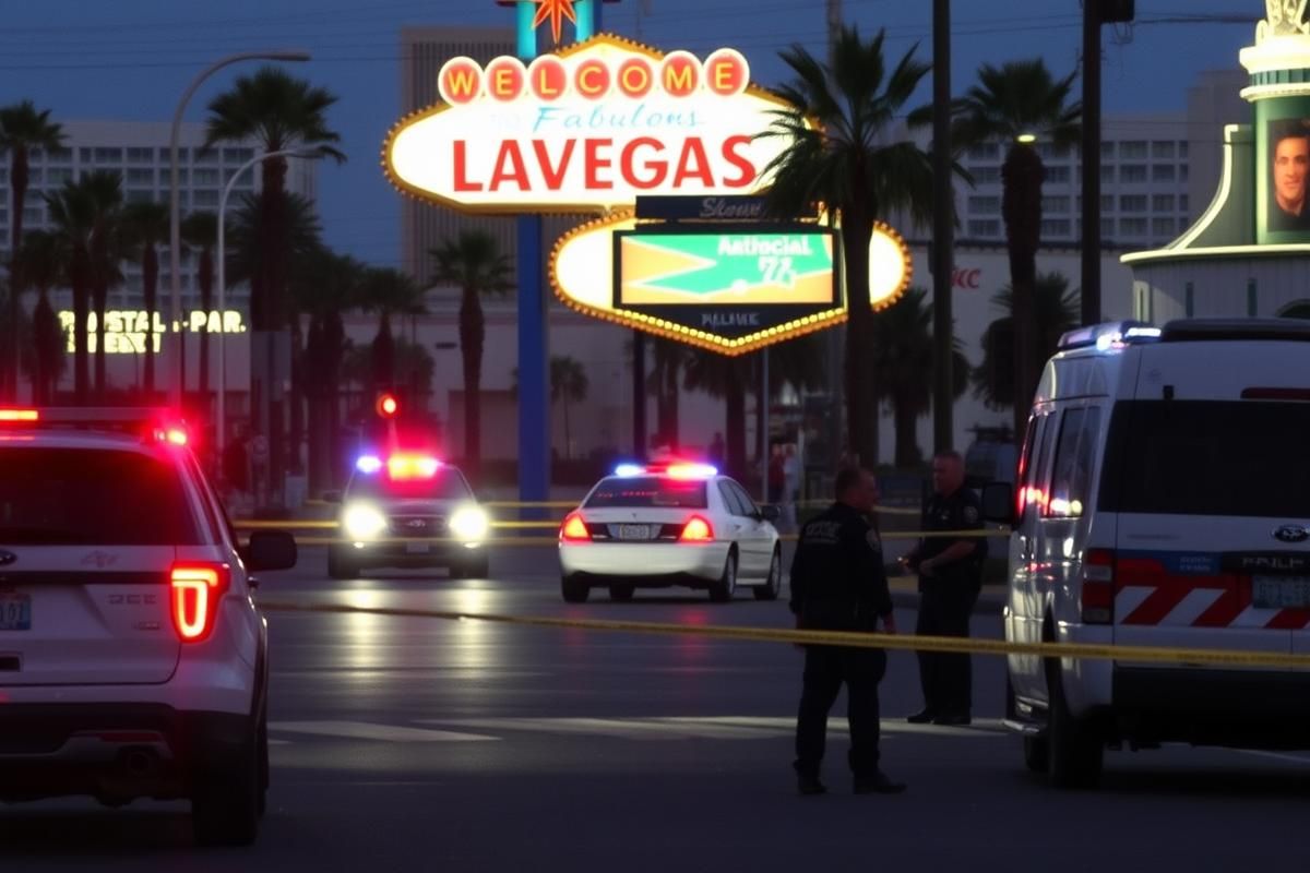 Police crime scene near Bellagio Fountains in Las Vegas after a shooting, with law enforcement and barriers in a tense urban environment.