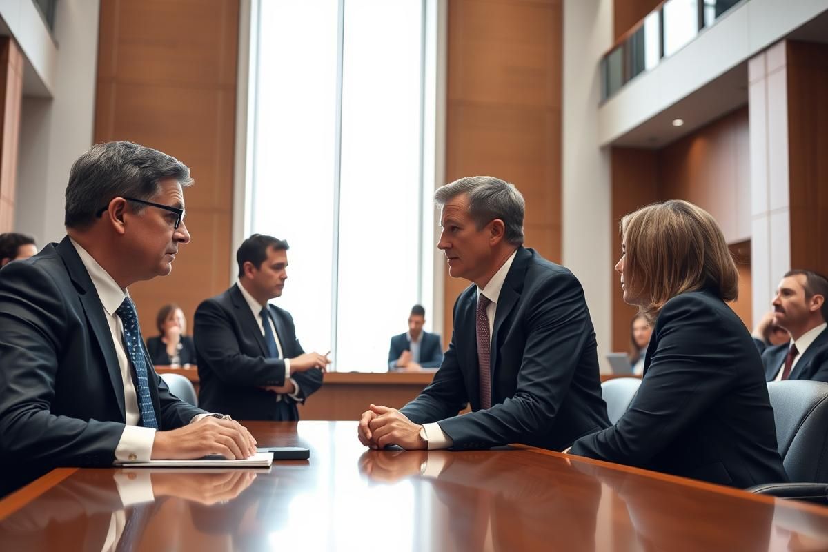 Professional courtroom scene highlighting discussions between regulators and company representatives during a compliance hearing.