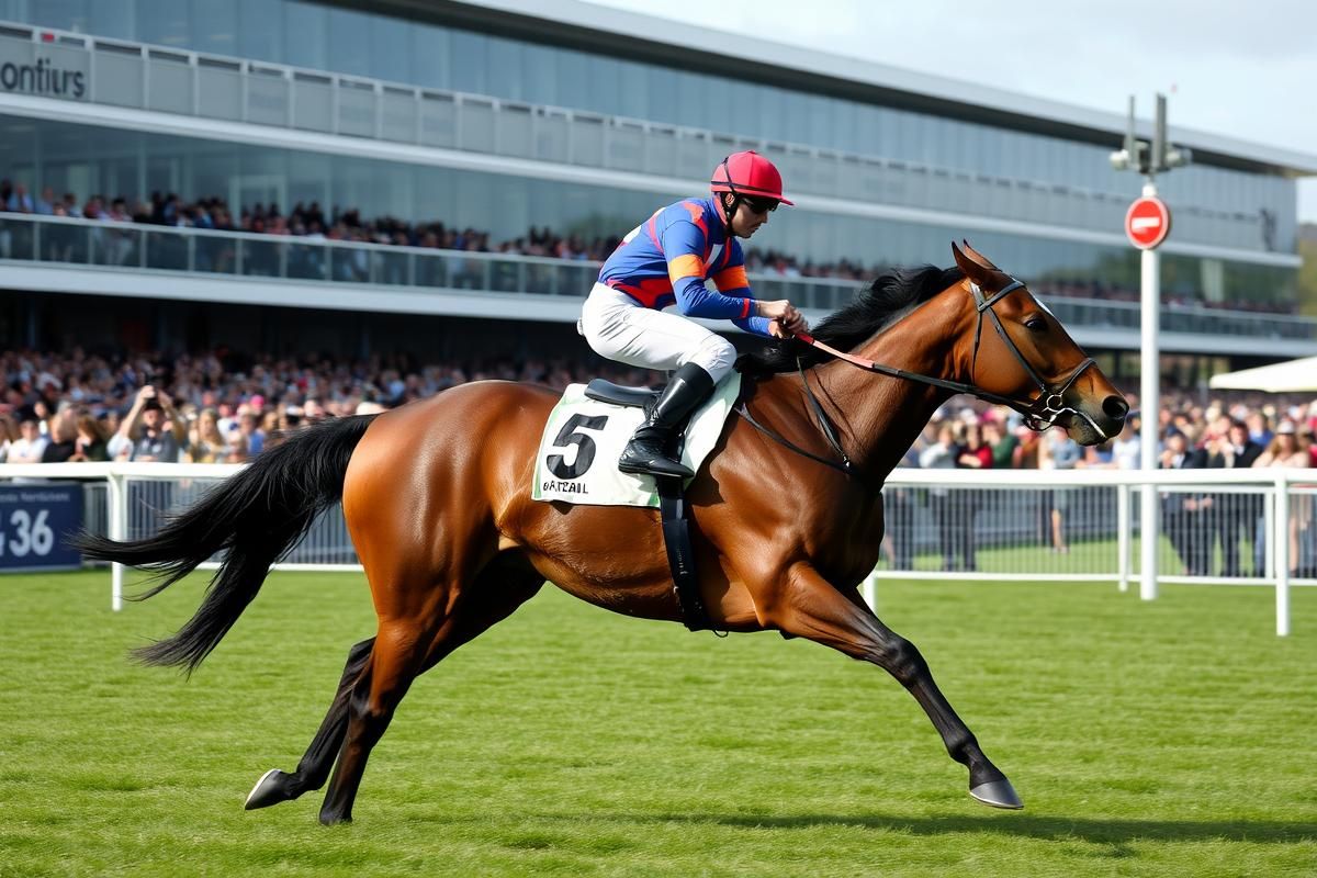 Professional jockey riding a horse at full speed during a competitive race on green turf.