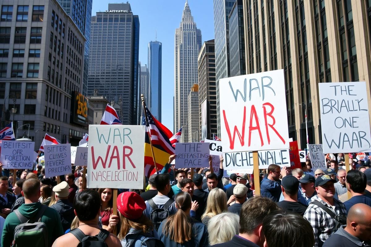 Protesters holding signs opposing war and foreign intervention in a major urban setting.