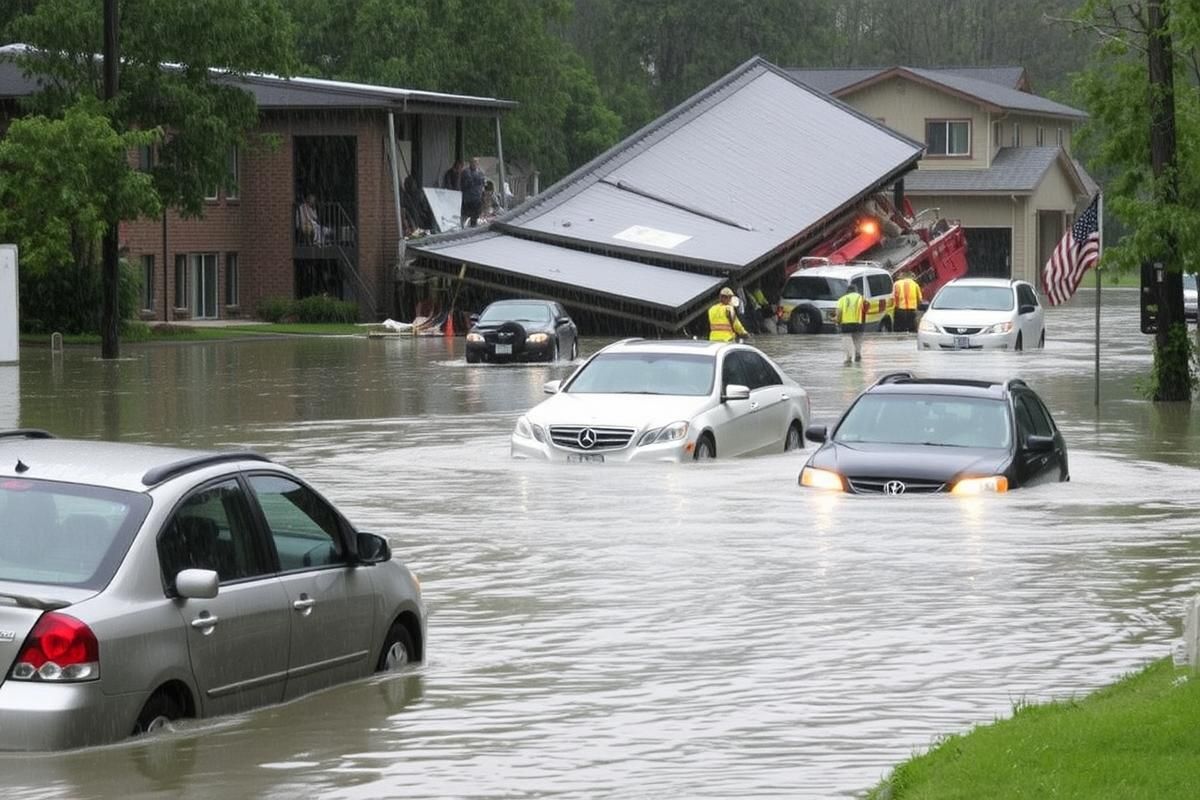 Severe flooding scene in West Virginia showing submerged cars and emergency responders helping residents.