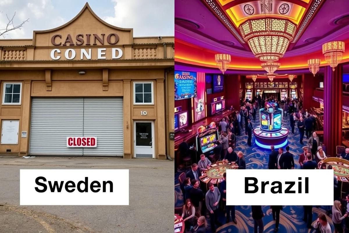 Side-by-side comparison of a closed Swedish casino and a thriving international casino with modern facilities and engaged visitors.