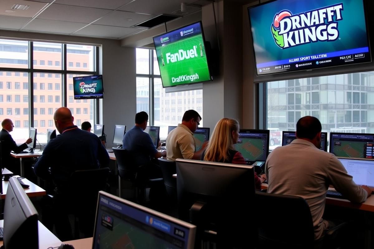 Sports bettors using smartphones and computers in a sportsbook environment with FanDuel and DraftKings branding.