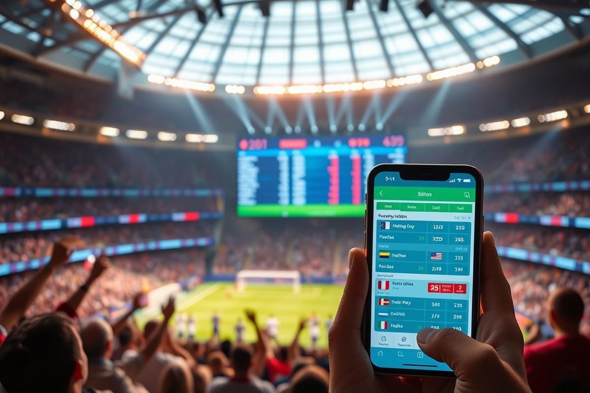 Sports fans in a stadium with live betting data on a giant screen, representing real-time sports betting growth.