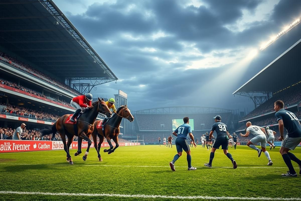 Sports stadium scene highlighting horse racing and football under financial strain due to proposed betting tax reforms.