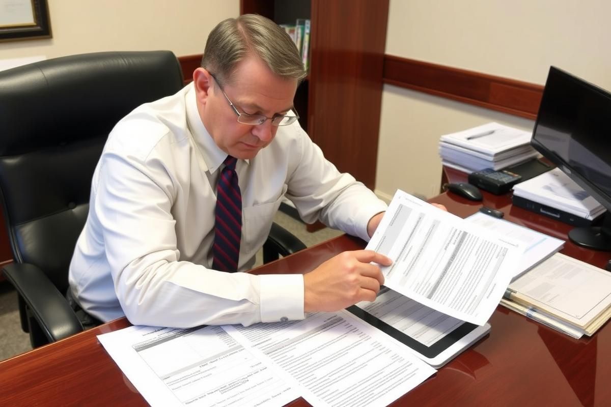 Tax revenue official reviewing a sports betting handle report in an office setting.