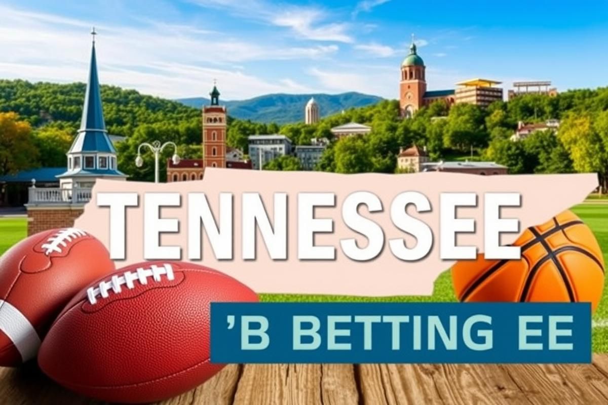 Tennessee landmarks symbolically paired with sports items like footballs and basketballs, representing sports betting culture.