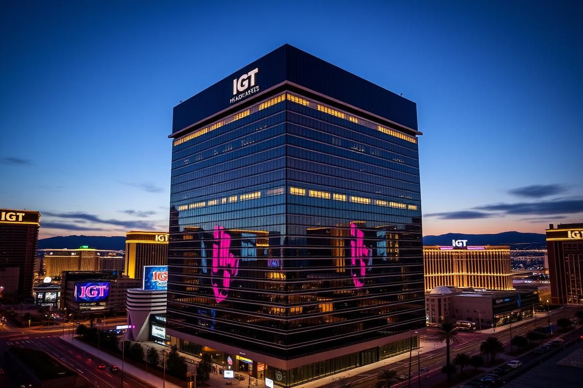 The IGT corporate headquarters in Nevada illuminated against the Las Vegas skyline, symbolizing innovation in gaming technology.