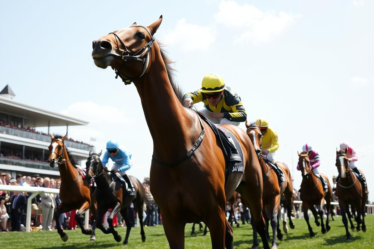 Thoroughbred horses and jockeys racing on a British racecourse, symbolizing the excitement of horseracing.
