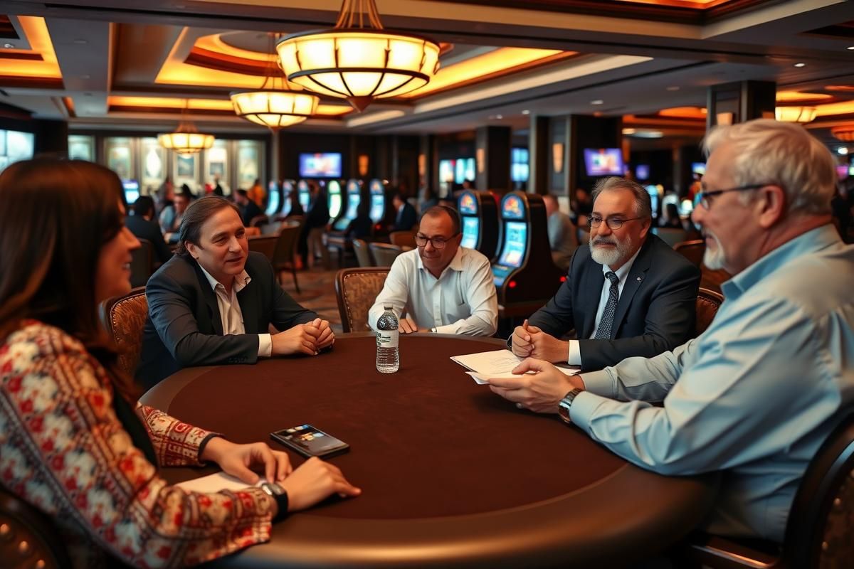 Tribal representatives in a collaborative business meeting at a casino resort, addressing gaming regulatory concerns.