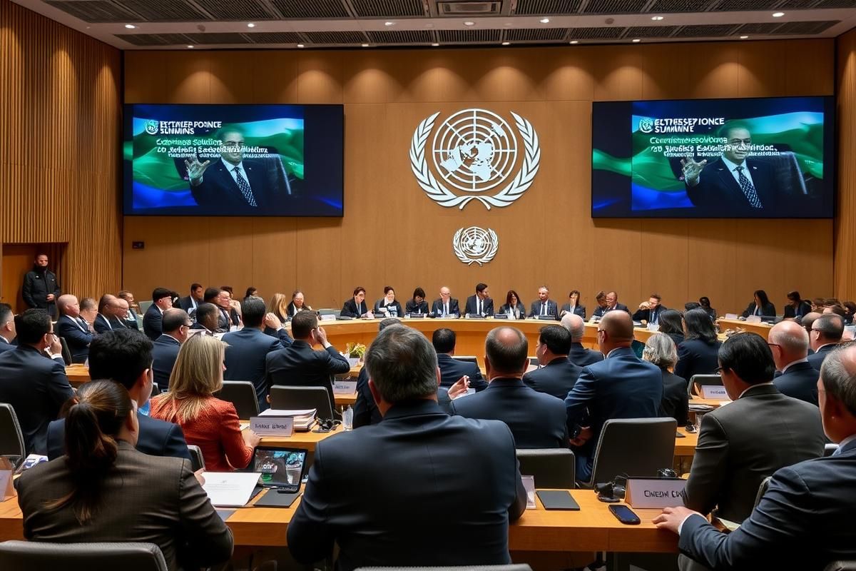 UN summit attendees discussing sustainable development in a professional conference room setting.