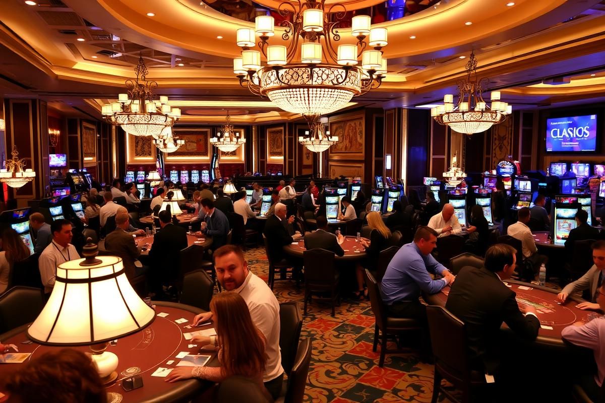 Upscale casino interior featuring tourists at card tables and elegant design elements like chandeliers.