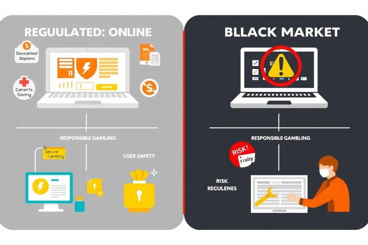 Visual comparison between regulated gambling sites and unlicensed black market platforms highlighting safety and risk differences.